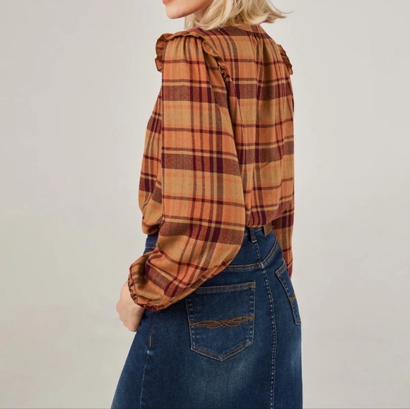 Frye• Ruffle orange/brown flacket button-down plaid shirt. Sz M - Picture 3 of 14